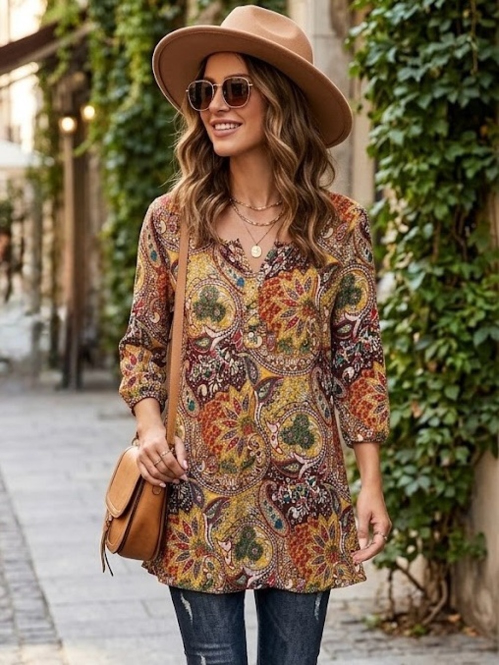 Le Mizage Paisley Boho Turkish Gypsy Print Bohemian Tunic Dress Top Rhinestone